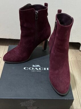 Coach Burgundy Suede Pointed Toe Ankle Booties with Side Zip